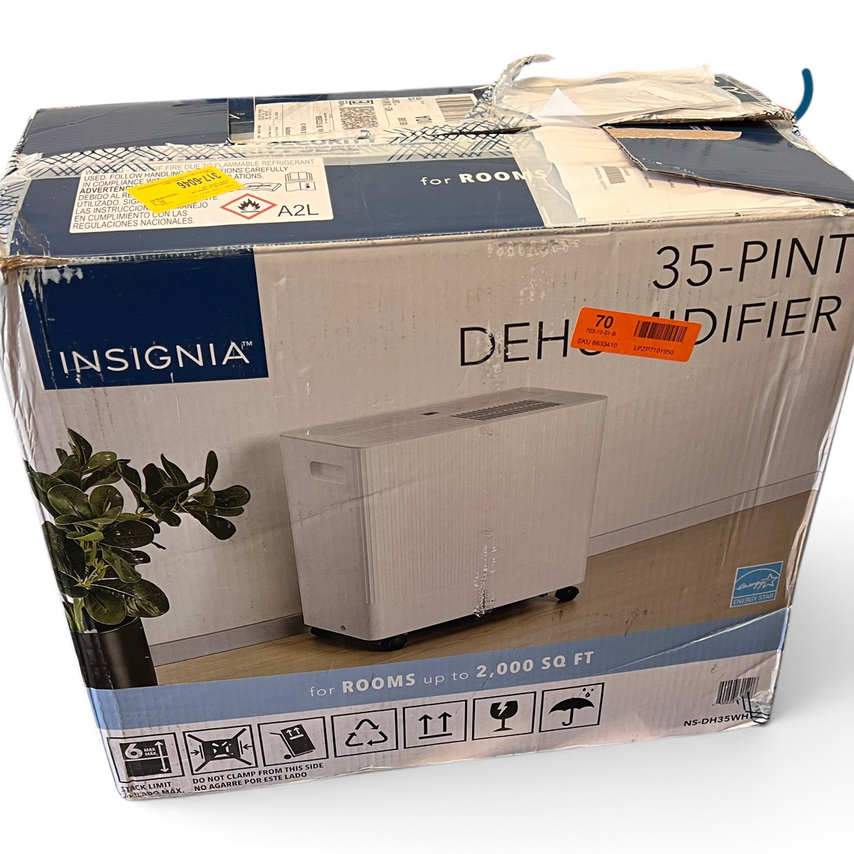 WT Outlets Insignia 35-pint portable dehumidifier in original packaging for rooms up to 2,000 square feet