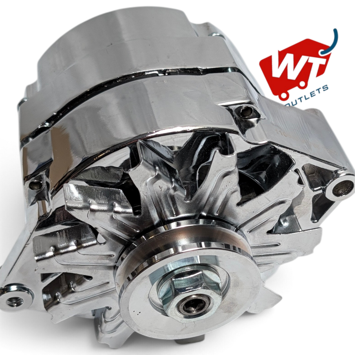 WT Outlets chrome 1-wire alternator for GM SBC and BBC engines, featuring a polished finish and cooling fan