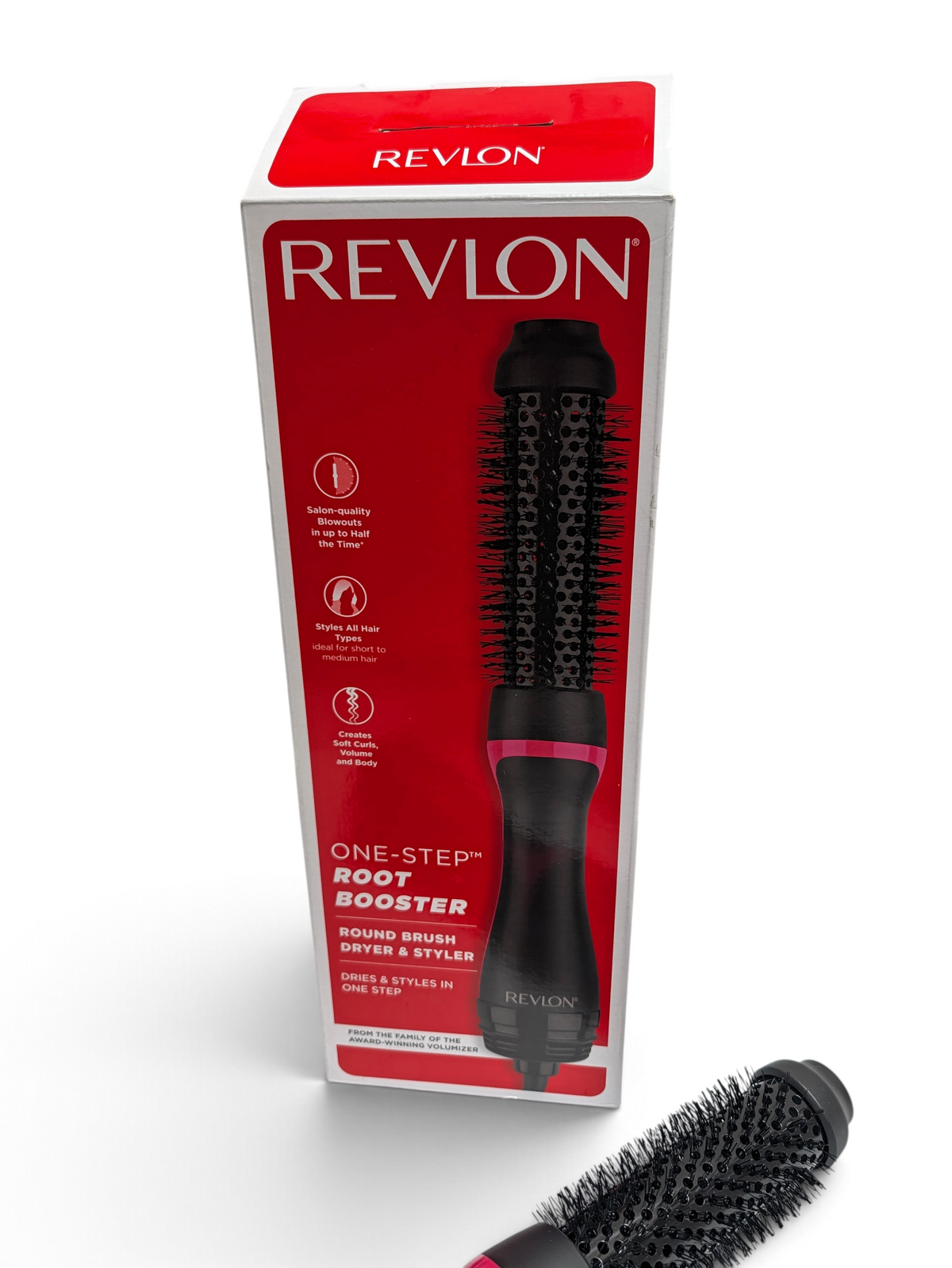 WT Outlets Revlon One-Step Root Booster round brush dryer and styler with black barrel and pink accents in retail box