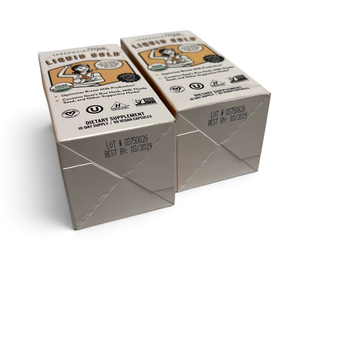 WT Outlets Legendairy Milk Liquid Gold lactation supplement boxes featuring organic herbal ingredients for breastfeeding