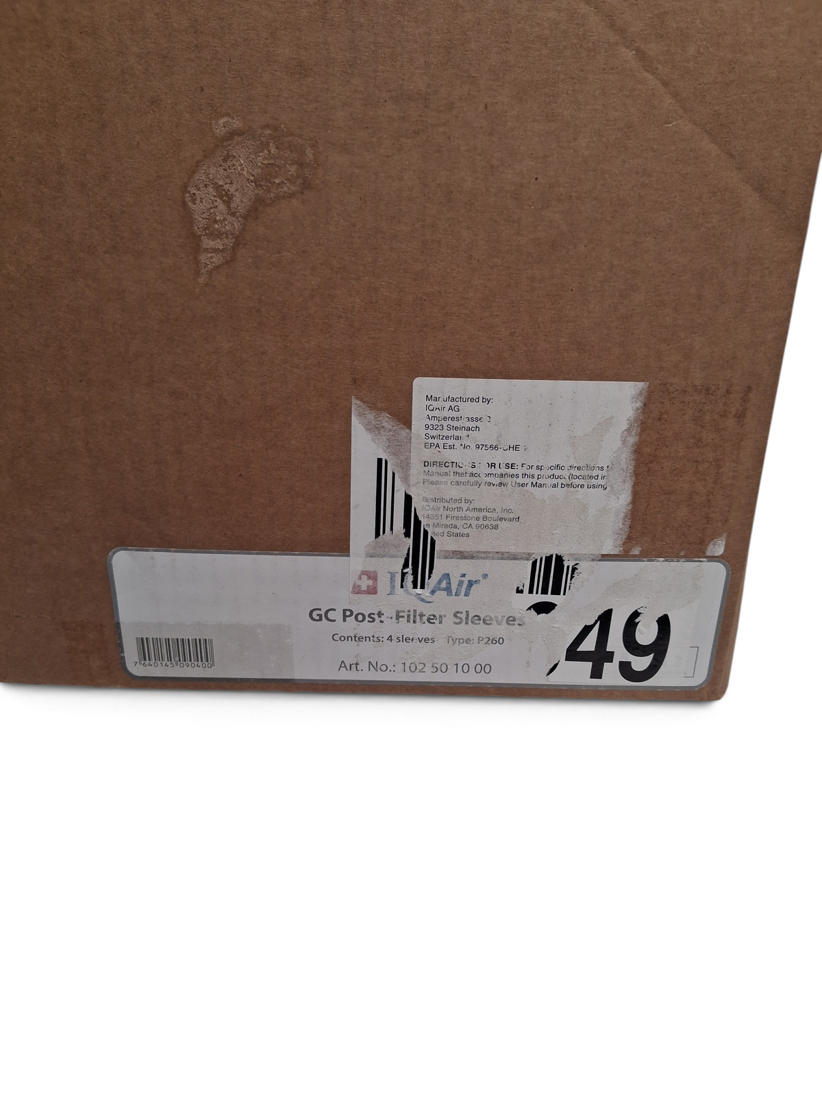 WT Outlets IQAir GC MultiGas post-filter sleeve 4-pack box with product label and manufacturer details