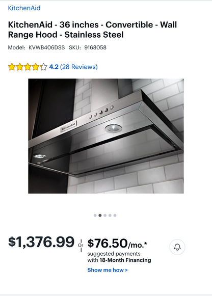 KitchenAid - 36 inches - Convertible - Wall Range Hood - KVWB406DSS