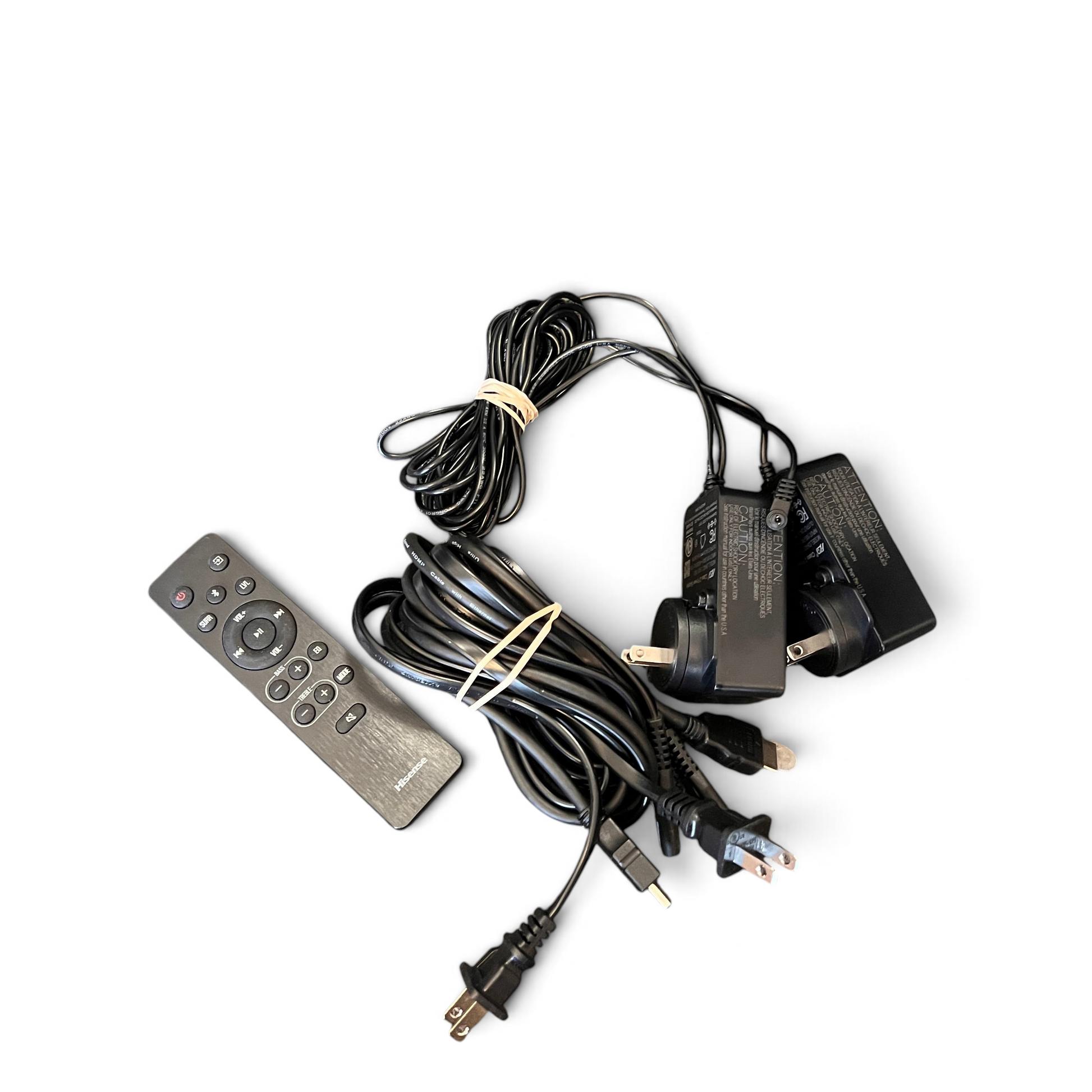 WT Outlets Hisense AX700 5.1.4 Dolby Atmos soundbar system with remote, satellite speakers, and power cables.