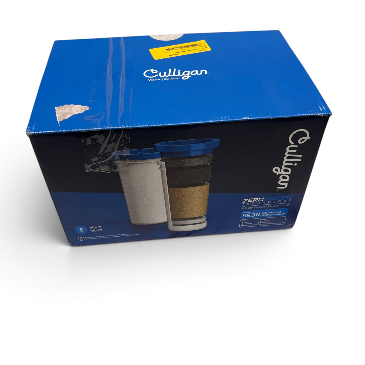 WT Outlets Culligan Zerowater 6-pack replacement filter box with one cartridge removed but unused