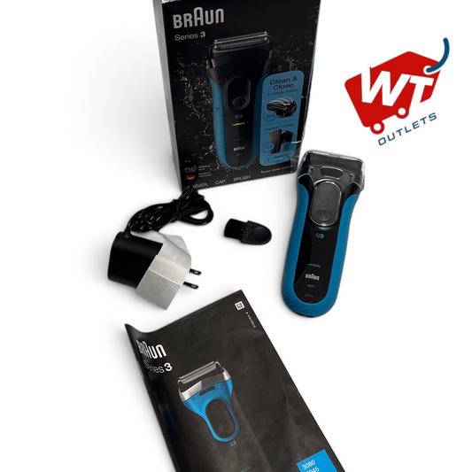 WT Outlets Braun Series 3 Proskin 3040s electric shaver with original box, power cable, and cleaning brush.