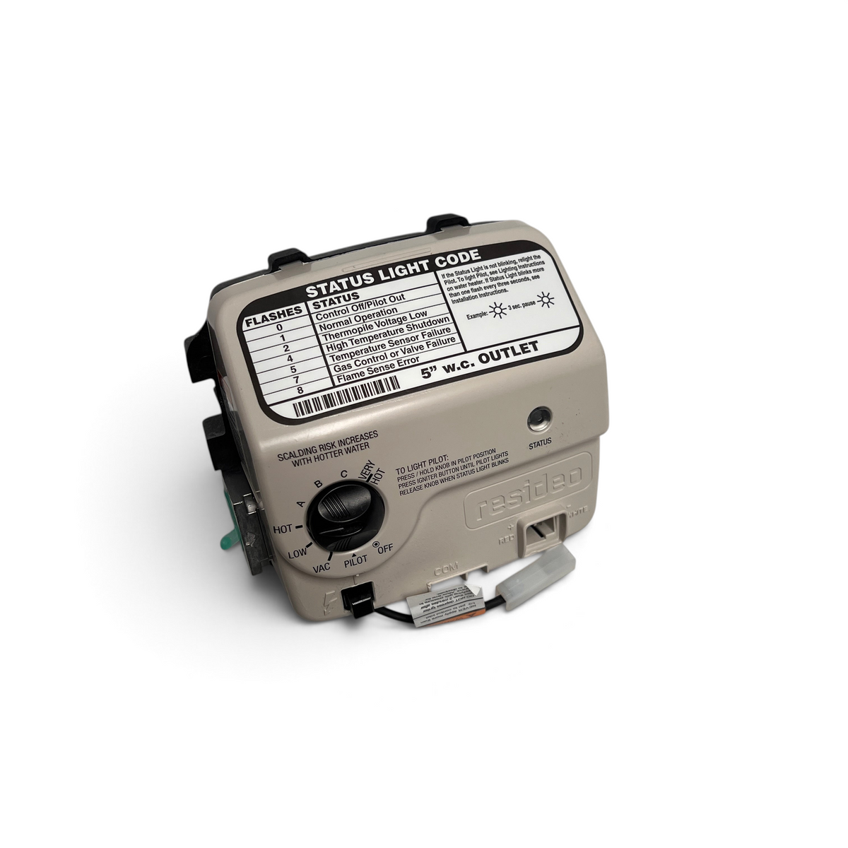 WT Outlets Resideo Honeywell natural gas water heater control valve with 5 inch WC setting and status light code chart