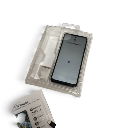 WT Outlets gray Motorola Moto G 5G 128GB smartphone in original packaging with charging cable and documentation