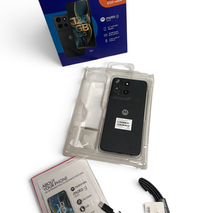 WT Outlets Tracfone Motorola Moto G 5G 128GB smartphone in gray with original box, charging cable, and documentation.