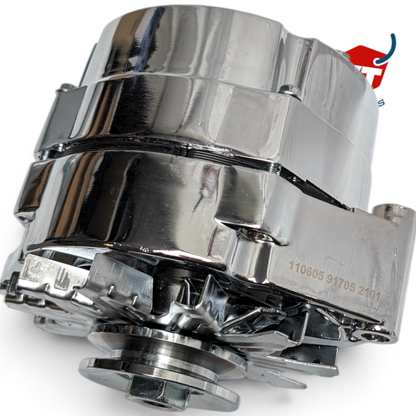 WT Outlets chrome 1-wire alternator for GM small block and big block Chevy engines, featuring a polished finish.