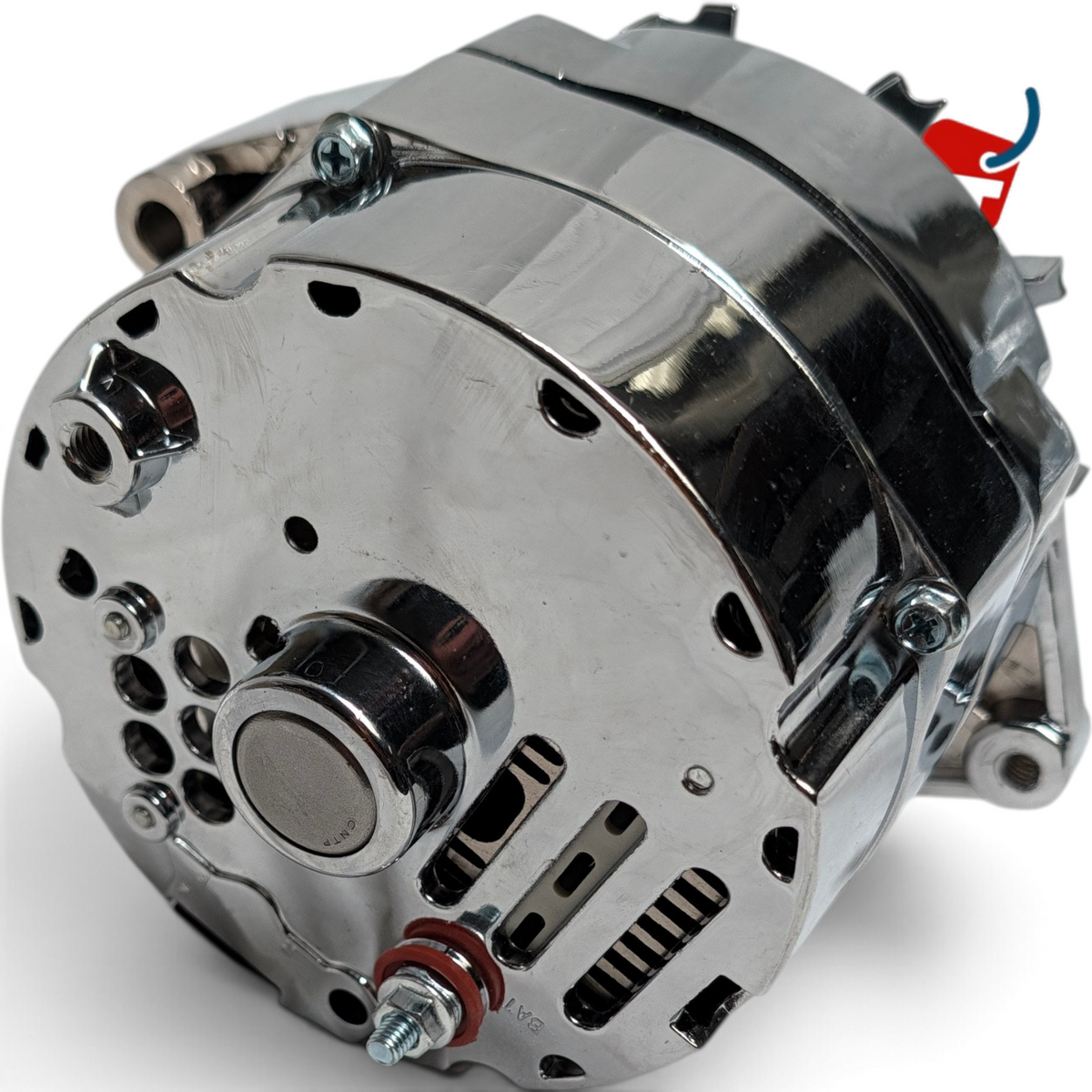 WT Outlets chrome 1-wire alternator for Chevy SBC and BBC engines, featuring a polished finish for classic cars.