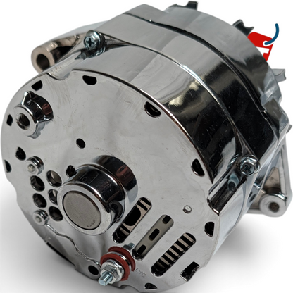 WT Outlets chrome 1-wire alternator for Chevy SBC and BBC engines, featuring a polished finish for classic cars.