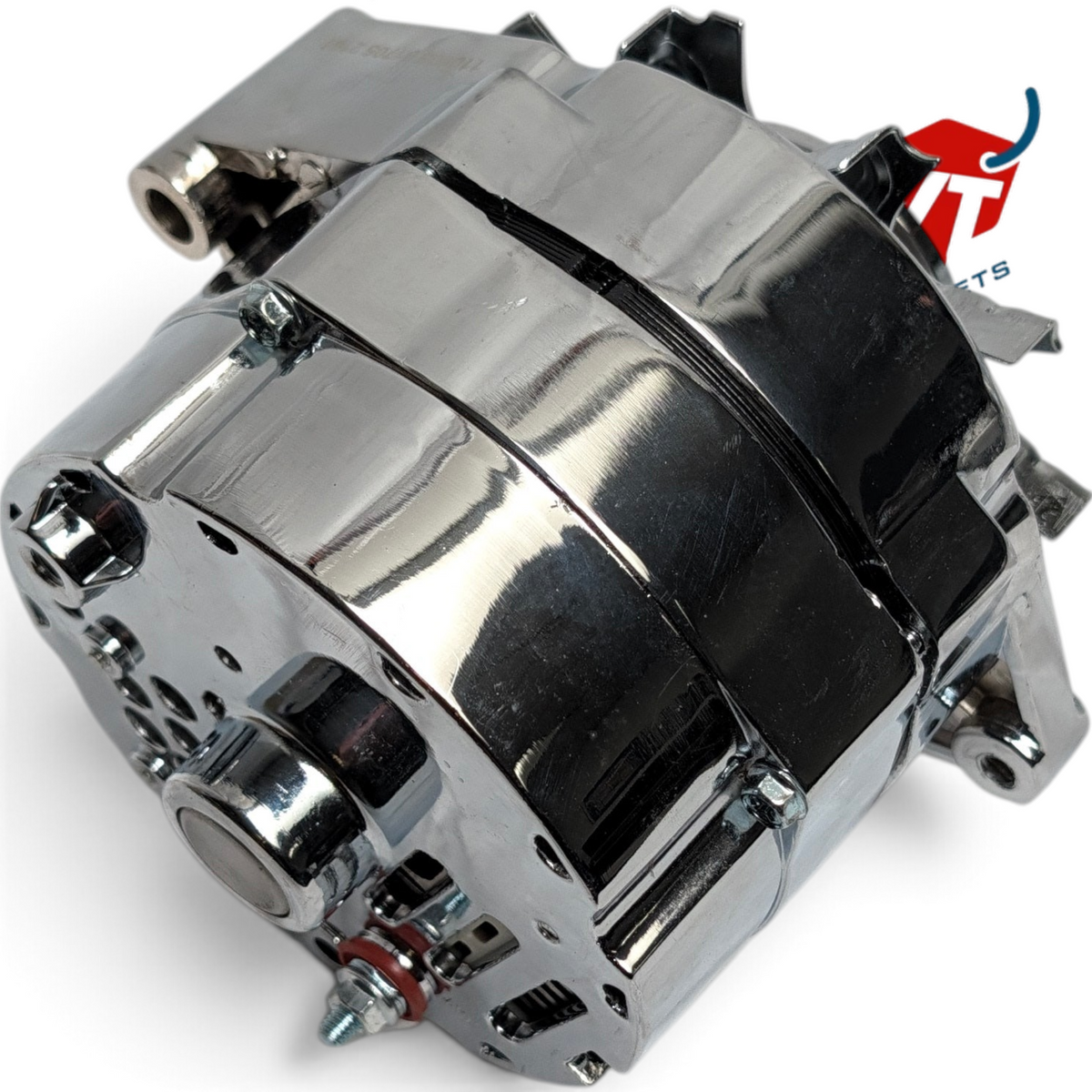 WT Outlets chrome 1-wire alternator for GM SBC and BBC engines, featuring a polished finish for classic Chevy cars.