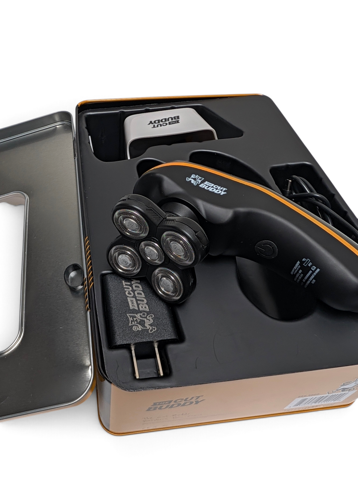 WT Outlets The Cut Buddy 5-head rotary cordless shaver with power adapter in original open box packaging