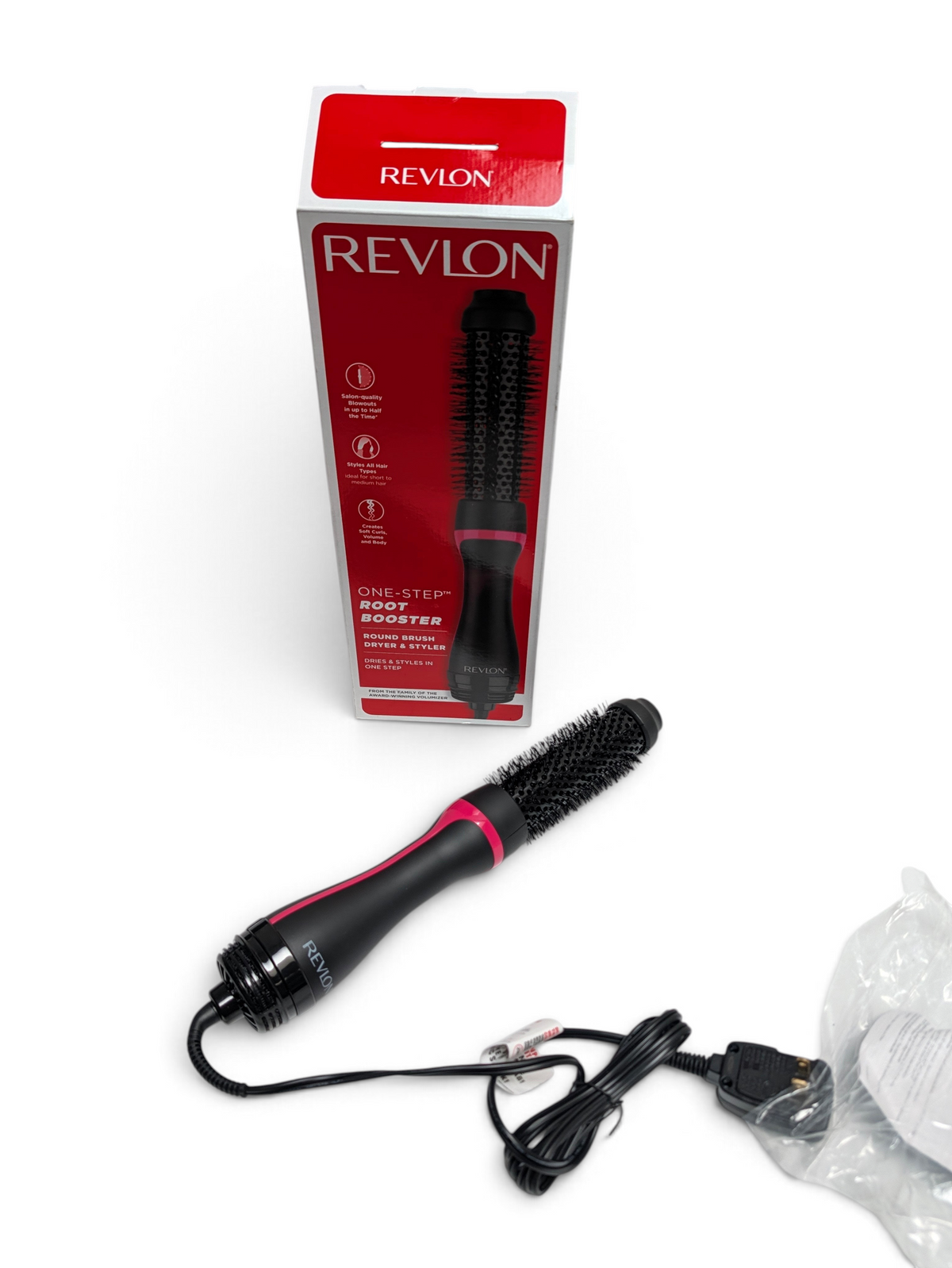 WT Outlets Revlon One-Step Root Booster round brush dryer and styler with its retail box on a white background
