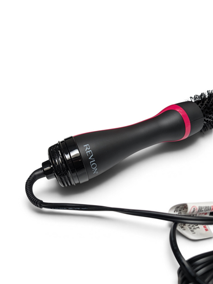 WT Outlets Revlon One-Step Root Booster round brush dryer with black handle and pink accents on a white background