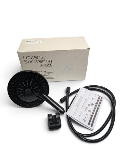 WT Outlets Delta In2ition 2-in-1 matte black shower head set with handheld sprayer, hose, and original packaging.