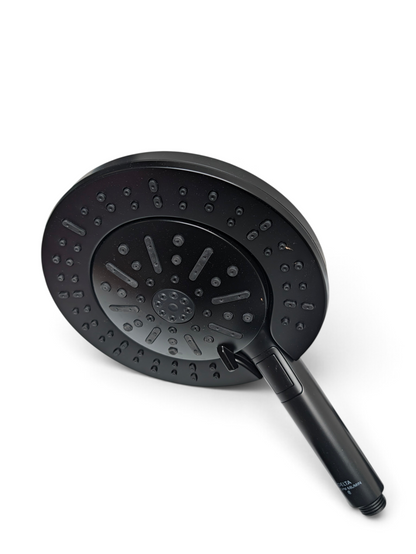 WT Outlets Delta In2ition 2-in-1 shower head in matte black with a removable handheld unit and multi-spray settings.